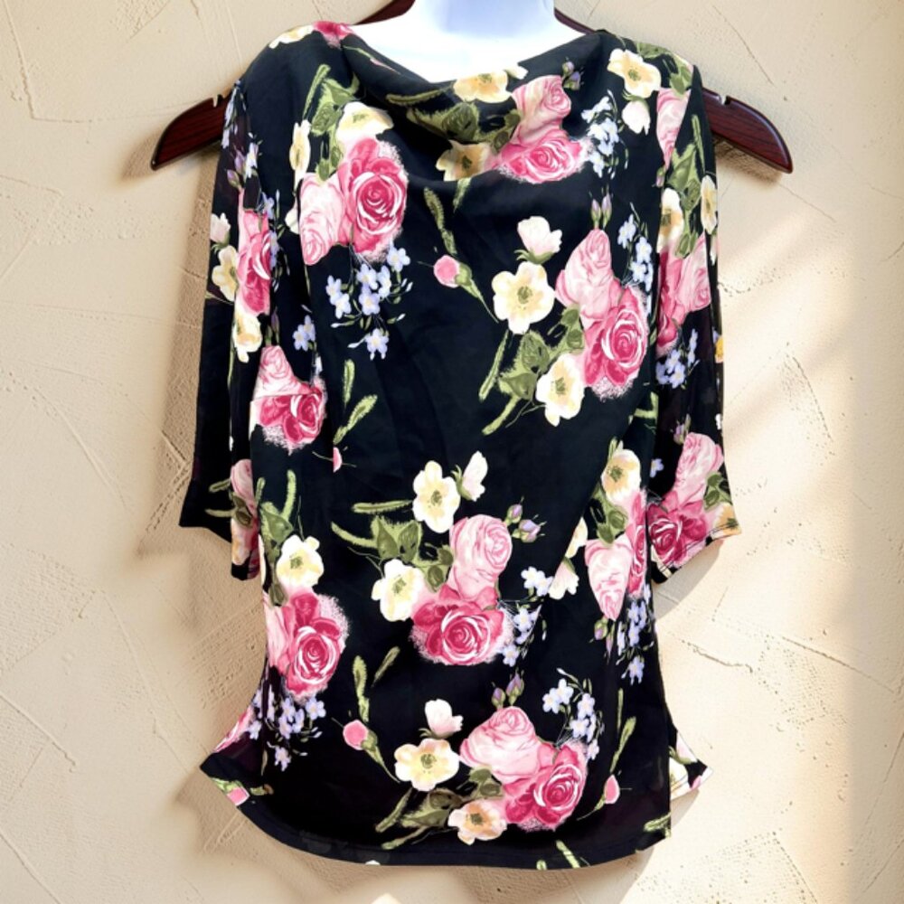 Fred David & Only Nine Blouse  XL V-Neck  pink Ivery  Flora Long Sleeve(#54 - Picture 6 of 10